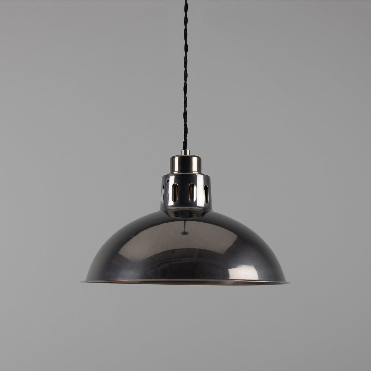 Polished nickel dome pendant light with black fabric cord