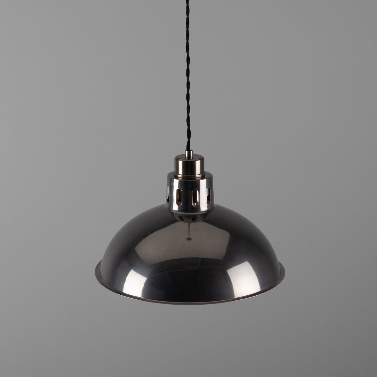 Mullan Paris industrial pendant light in antique silver with a dome shade and black fabric cable