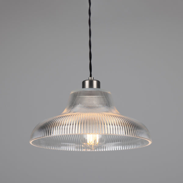 Mono 30cm Vintage Railway Pendant in Antique Silver with Prismatic Glass Shade