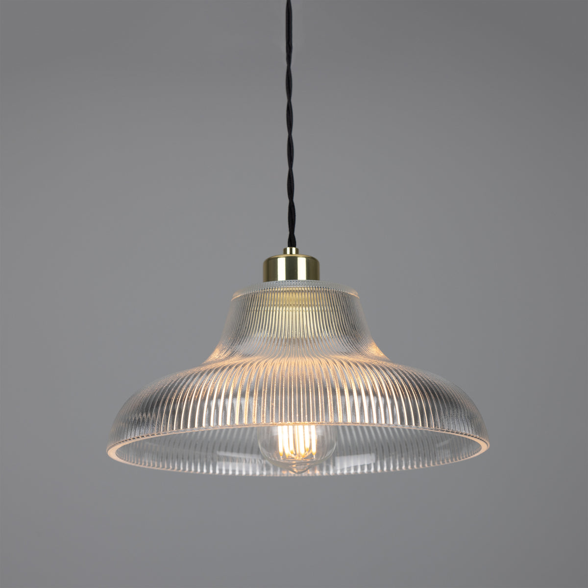 Mono 30cm Vintage Railway Pendant in Polished Brass with Prismatic Glass Shade