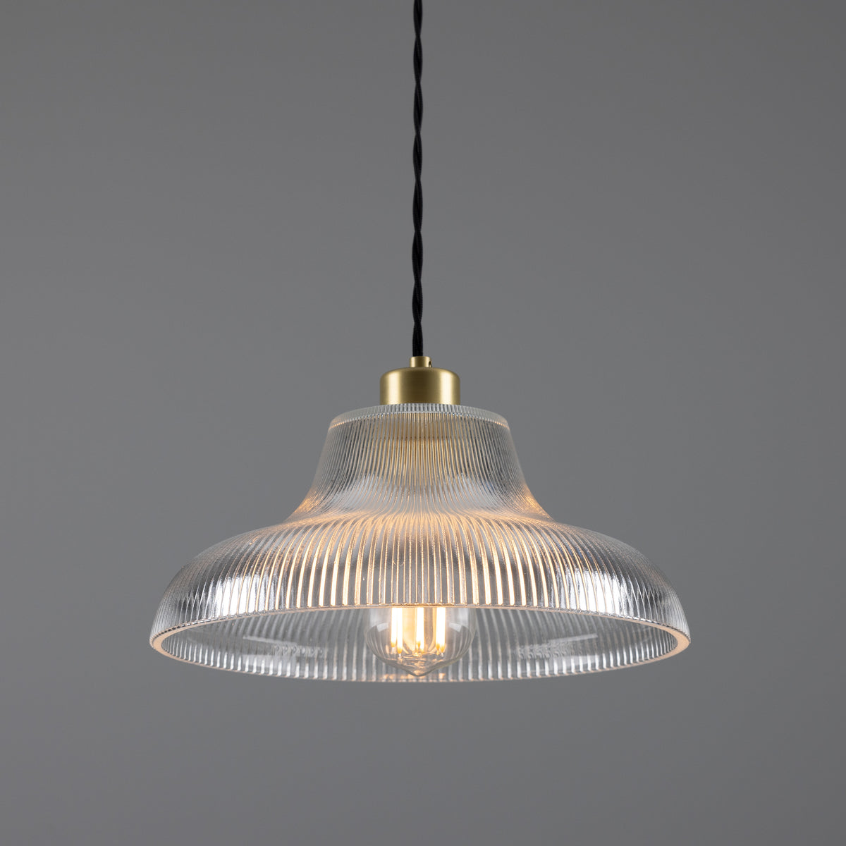 Mullan Mono 30cm vintage railway pendant light in satin brass with a ribbed prismatic glass shade