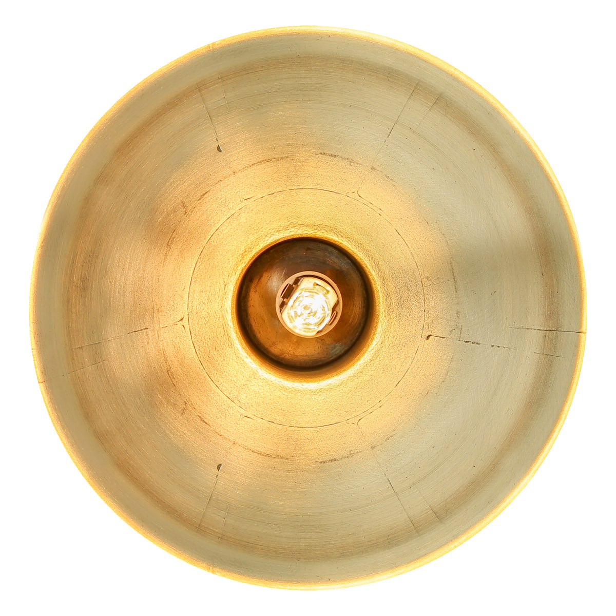 Bottom view of a circular gold metal pendant light fixture with a central bulb