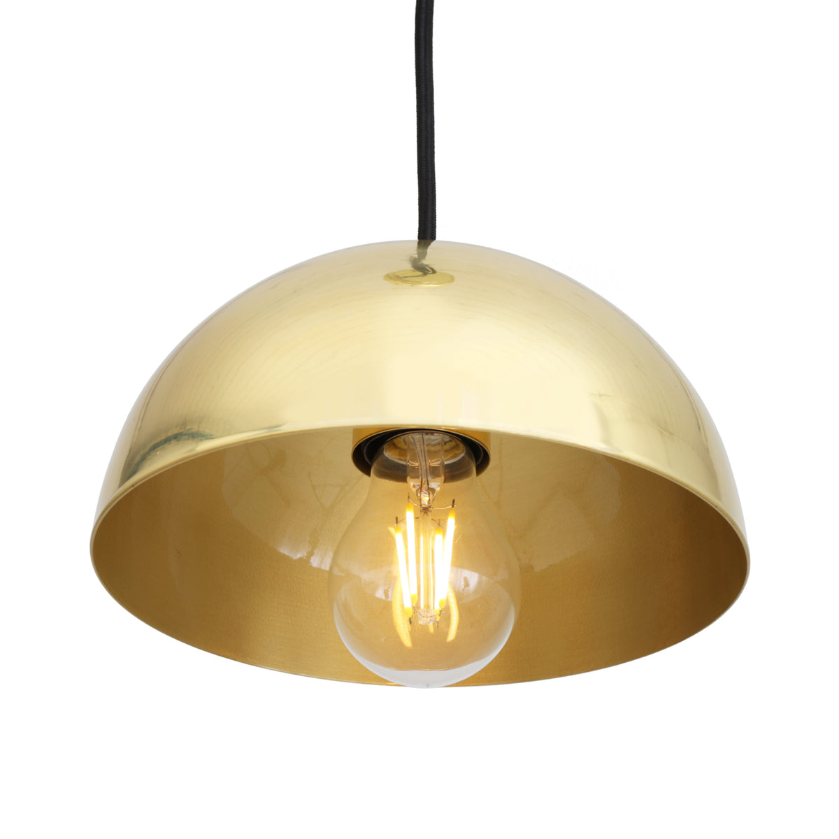 Mullan Maua 20cm E27 pendant light in polished brass with a dome shade and exposed filament bulb