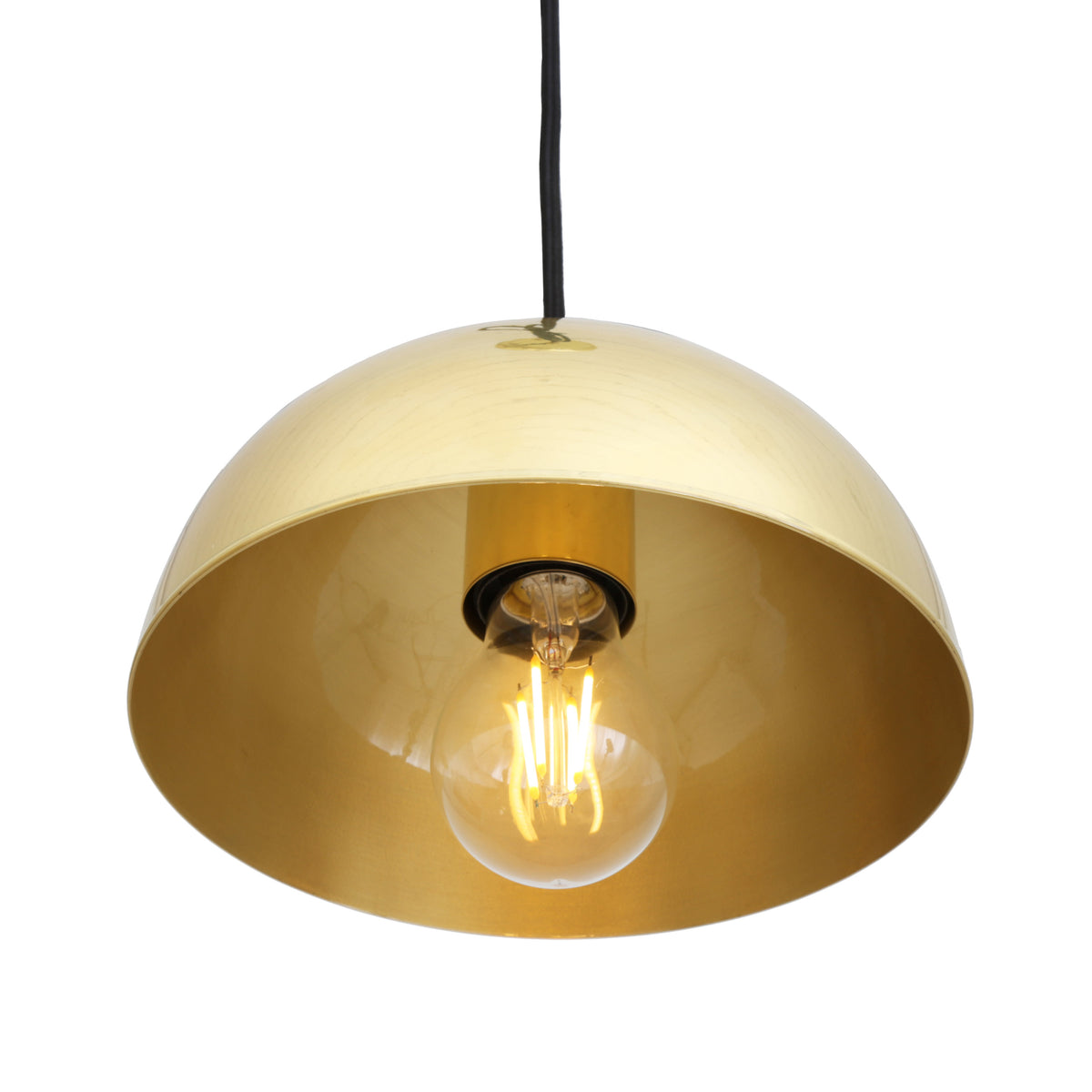 Mullan Maua 20cm E27 pendant light in polished brass with a dome shade and exposed filament bulb
