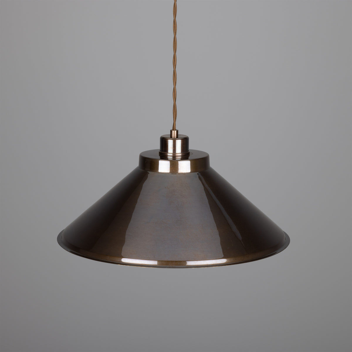 Bronze metal cone pendant light with fabric cord