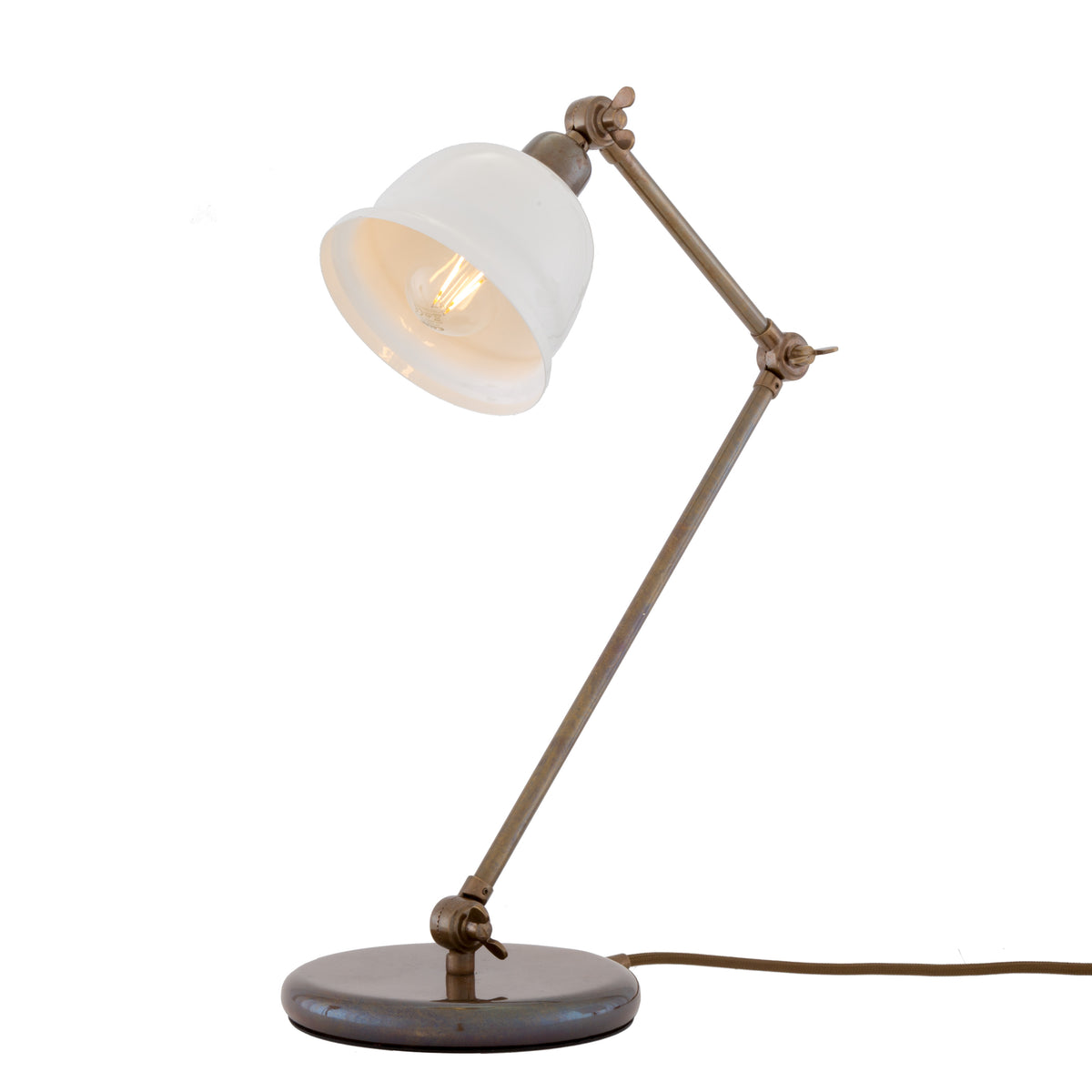 Nico Vintage Brass Table Lamp in Antique Brass with White Metal Shade