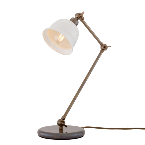 Nico Vintage Brass Table Lamp in Antique Brass with White Metal Shade