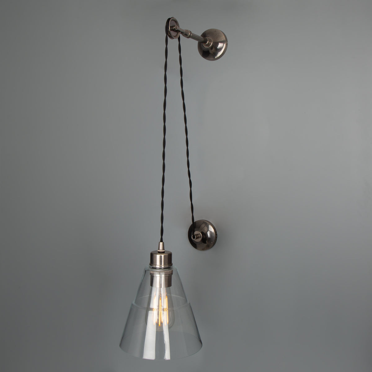 Rigale Industrial Pulley Wall Light in Antique Silver with Clear Glass Shade