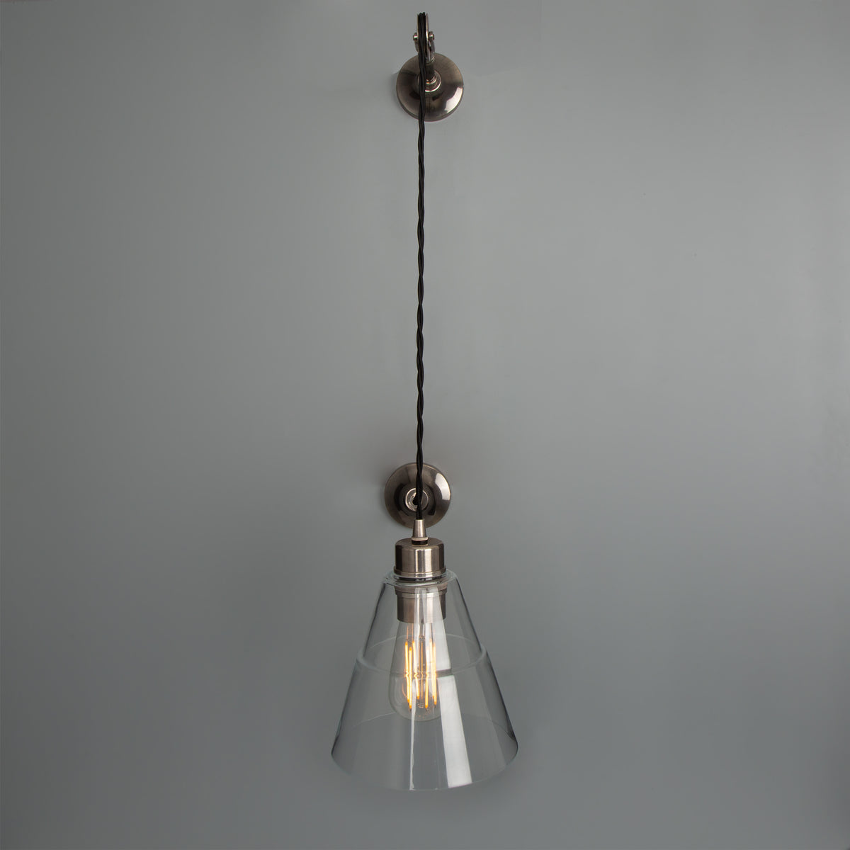 Rigale Industrial Pulley Wall Light in Antique Silver with Clear Glass Shade
