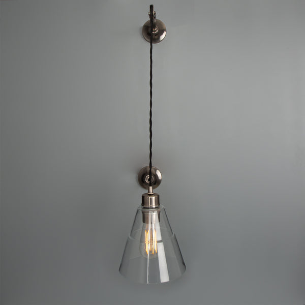 Mullan Rigale industrial pulley wall light in antique silver with clear glass shade