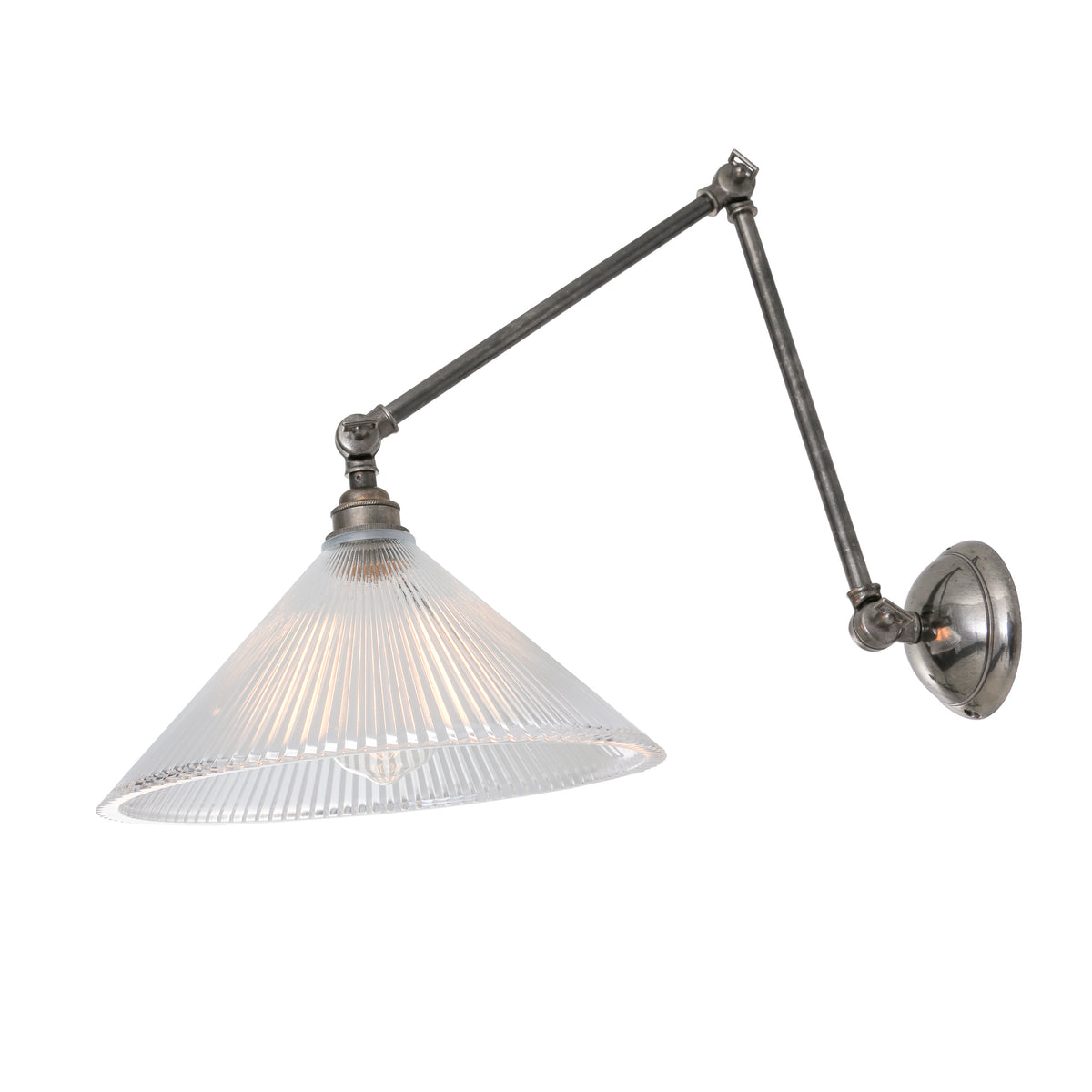 Rebell Adjustable Arm Wall Light in Antique Silver with Prismatic Glass Shade