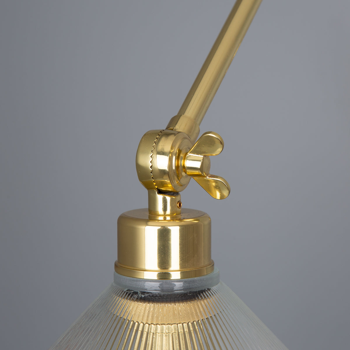 Close up of brass lamp arm hinge with wing nut adjustment
