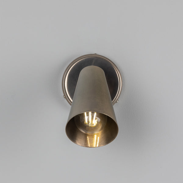 Cashel Adjustable Switched Brass Cone Wall Light in Antique Silver