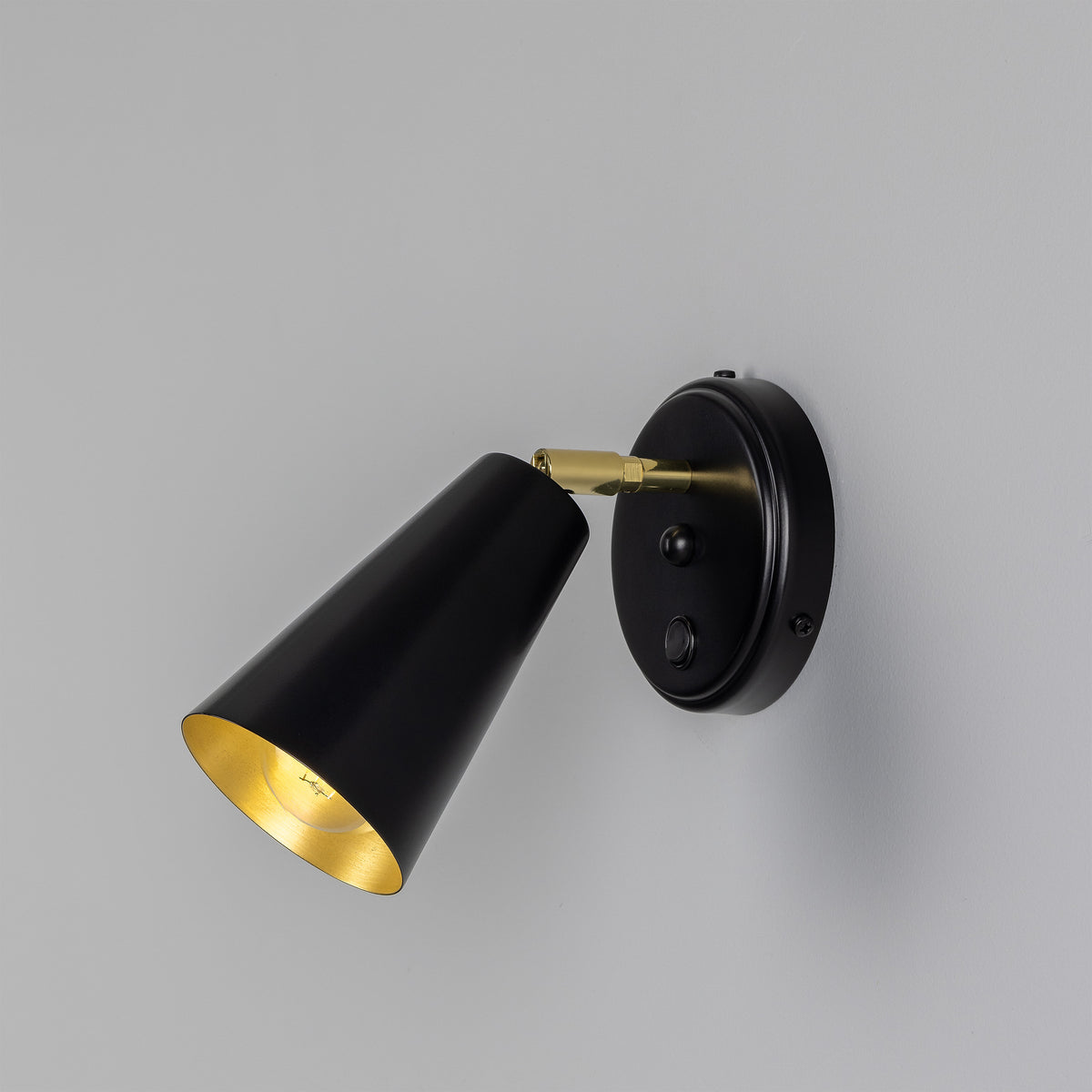 Cashel Adjustable Switched Brass Cone Wall Light in Matte Black