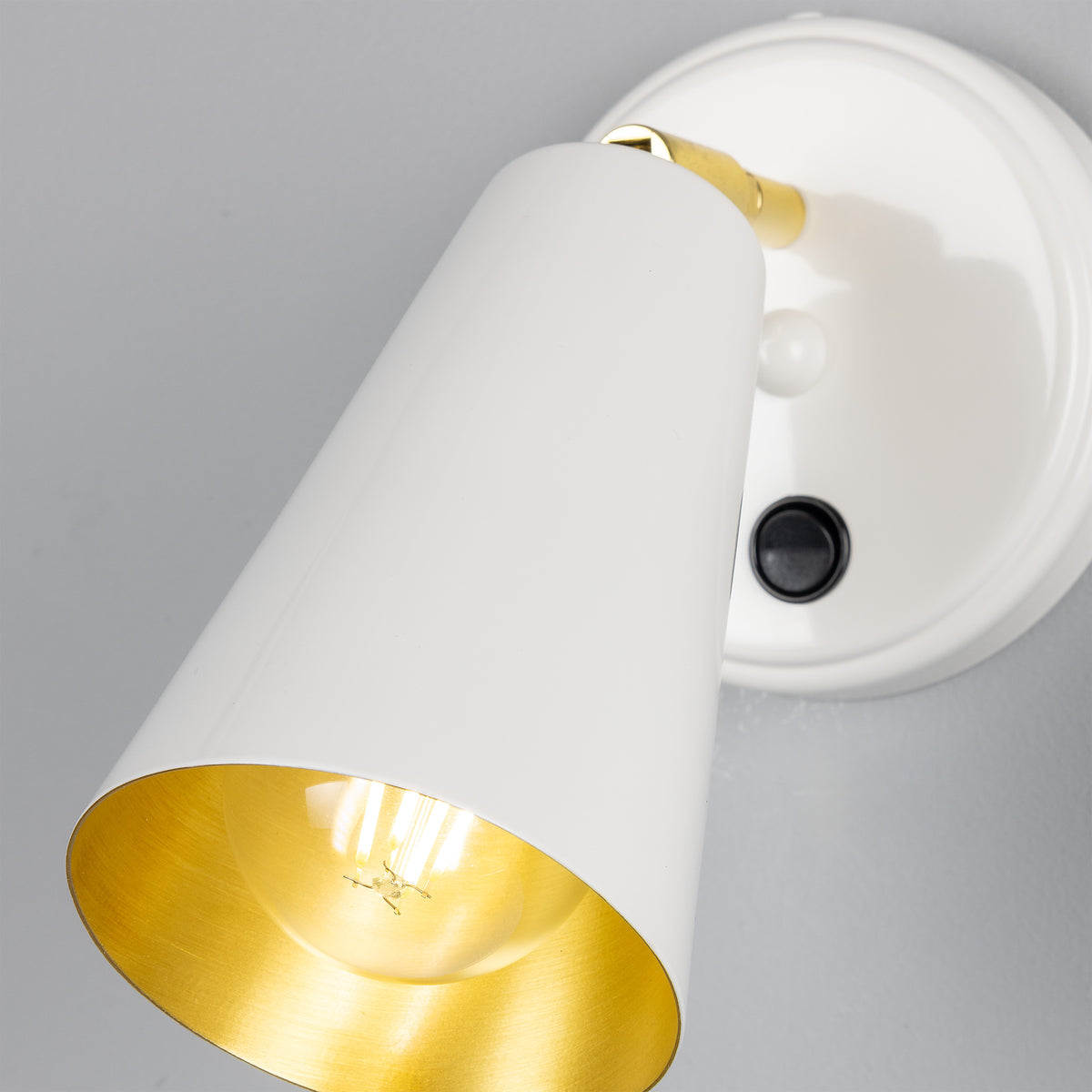 Cashel Adjustable Switched Brass Cone Wall Light in White