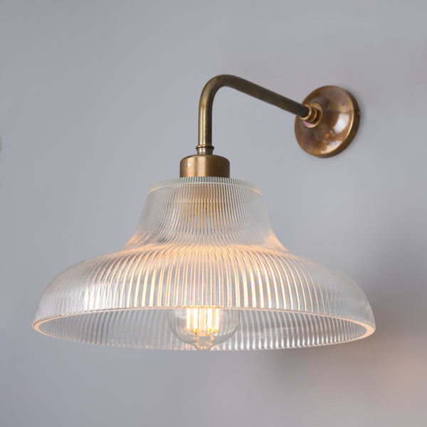 Mono Vintage Railway Wall Light in Antique Brass with Prismatic Glass Shade