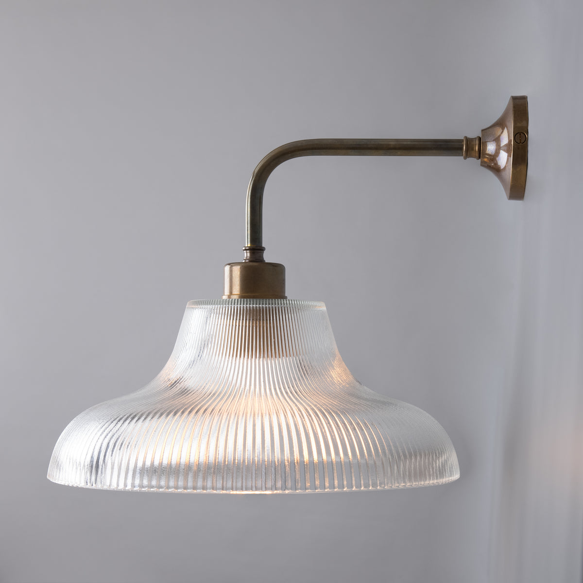 Mono Vintage Railway Wall Light in Antique Brass with Prismatic Glass Shade
