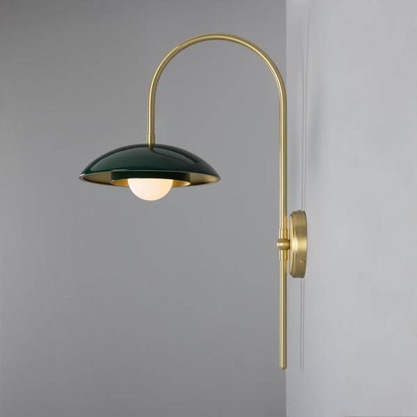 Mullan Marrakesh Art Deco arc wall light in satin brass and racing green with a round bulb