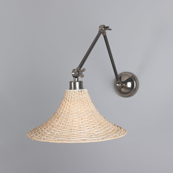 Savannah Adjustable Arm Wall Light in Antique Silver with Large Bell Shaped Rattan Shade