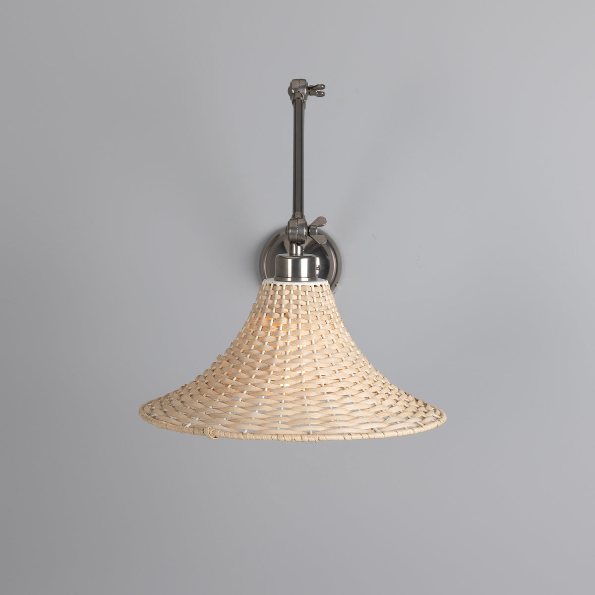 Savannah Adjustable Arm Wall Light in Antique Silver with Large Bell Shaped Rattan Shade