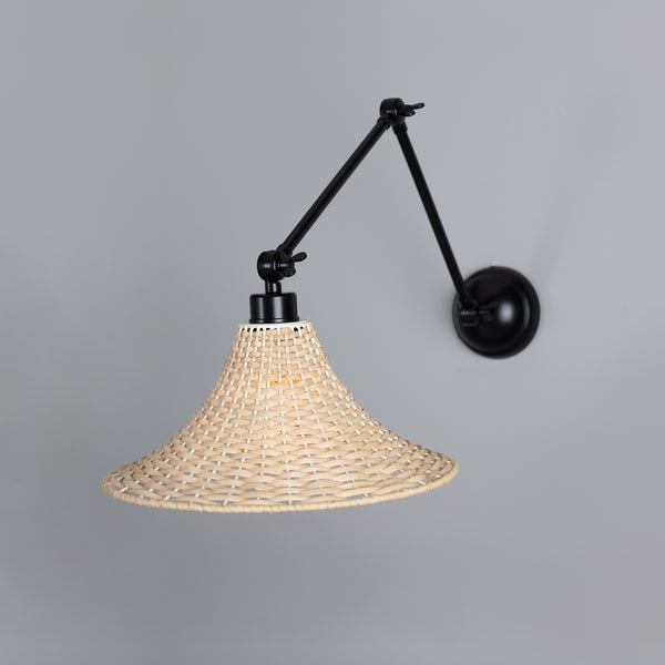 Savannah Adjustable Arm Wall Light in Matte Black with Large Bell Shaped Rattan Shade
