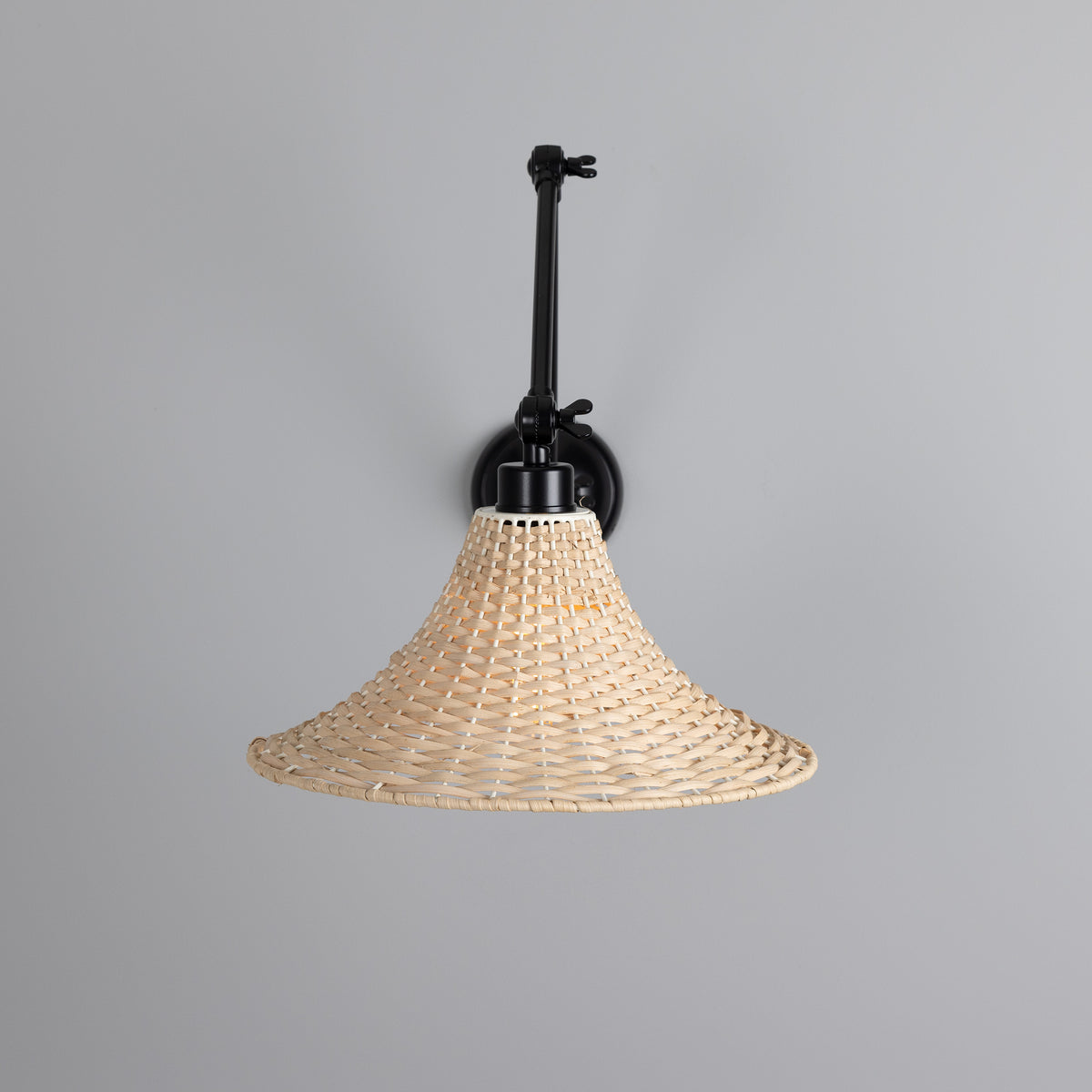 Savannah Adjustable Arm Wall Light in Matte Black with Large Bell Shaped Rattan Shade