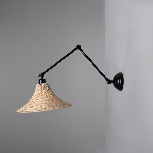 Savannah Adjustable Arm Wall Light in Matte Black with Large Bell Shaped Rattan Shade
