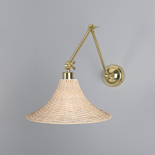 Savannah Adjustable Arm Wall Light in Polished Brass with Large Bell Shaped Rattan Shade
