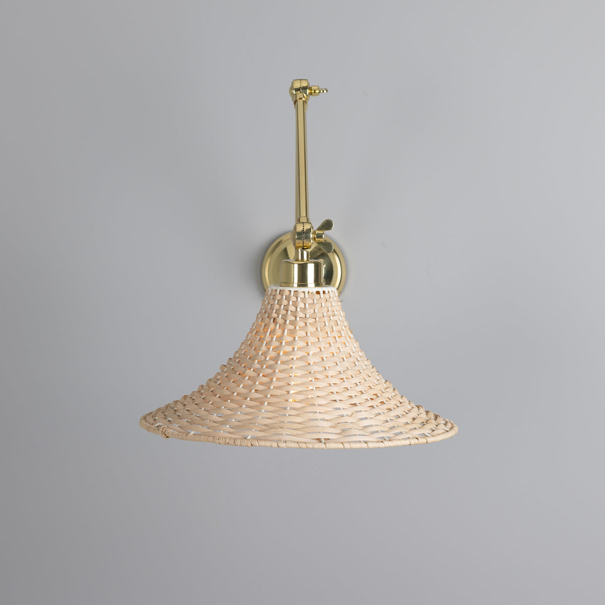 Savannah Adjustable Arm Wall Light in Polished Brass with Large Bell Shaped Rattan Shade