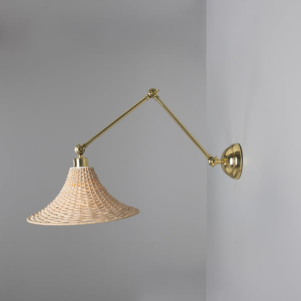 Savannah Adjustable Arm Wall Light in Polished Brass with Large Bell Shaped Rattan Shade