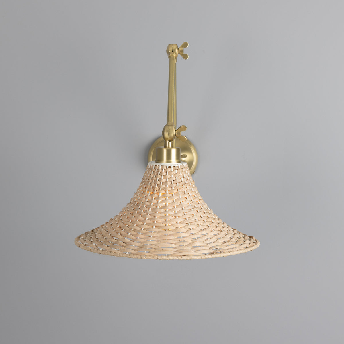 Savannah Adjustable Arm Wall Light in Satin Brass with Large Bell Shaped Rattan Shade