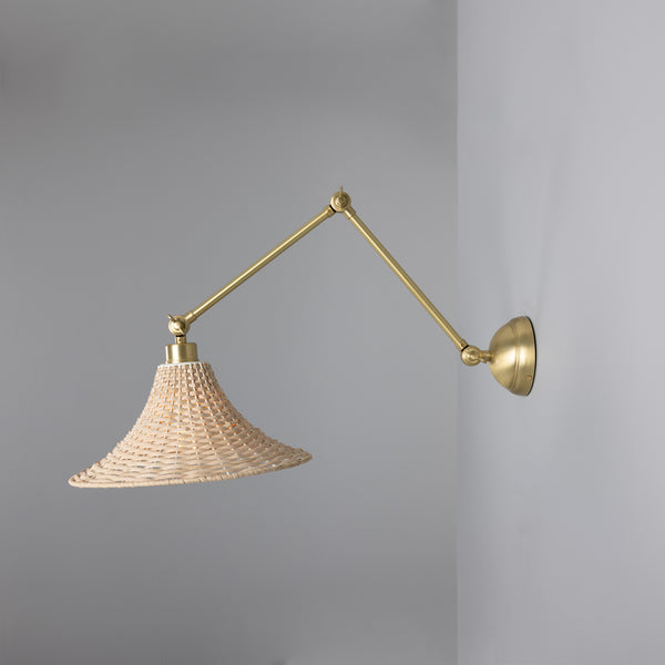 Savannah Adjustable Arm Wall Light in Satin Brass with Large Bell Shaped Rattan Shade