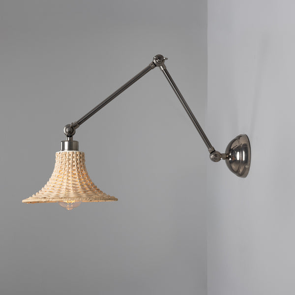 Savannah Adjustable Arm Wall Light in Antique Silver with Small Bell Shaped Rattan Shade