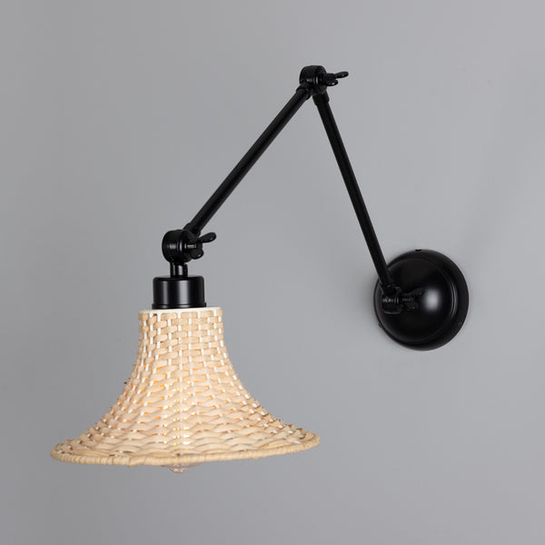 Savannah Adjustable Arm Wall Light in Matte Black with Small Bell Shaped Rattan Shade