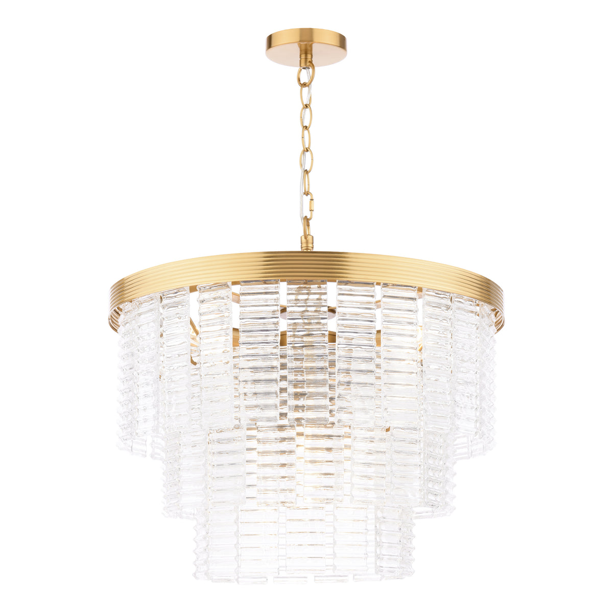 Tiered chandelier with a gold frame and clear textured glass panels