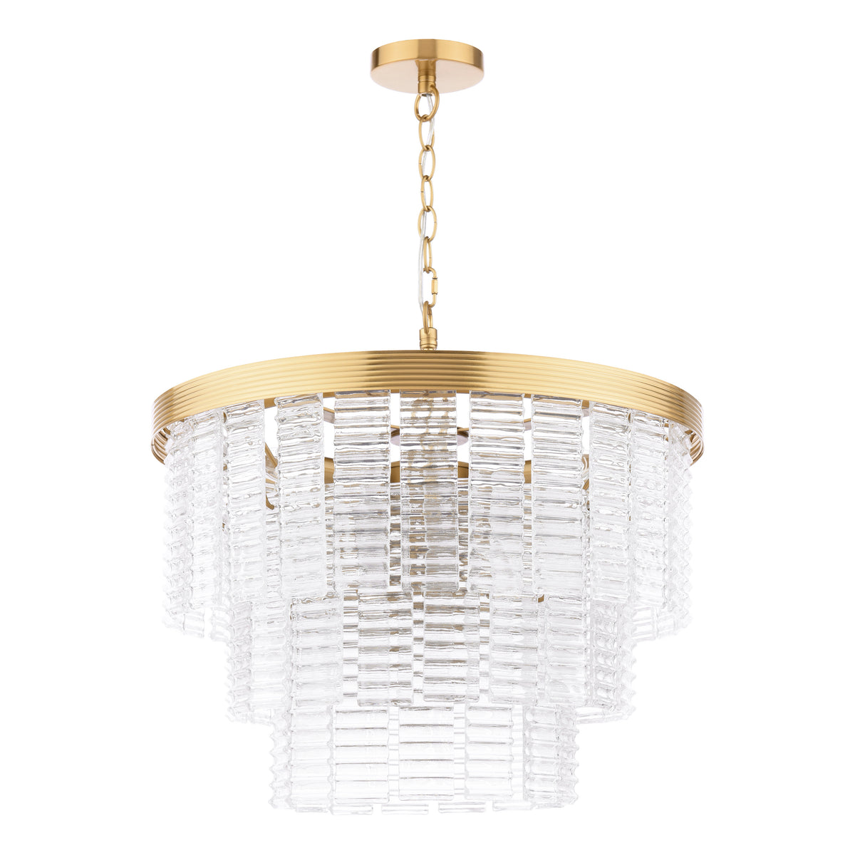 Gold chandelier with tiered clear glass panels