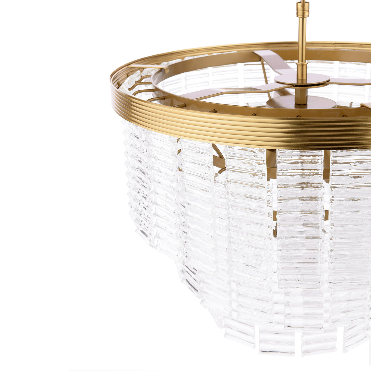 Close up of a gold chandelier with clear textured glass panels