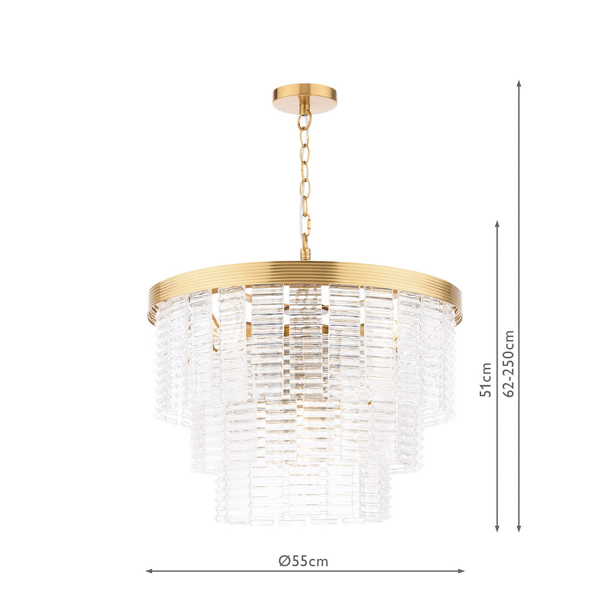 Gold and crystal chandelier with dimensions 55cm diameter, 51cm height, and 62-250cm adjustable chain