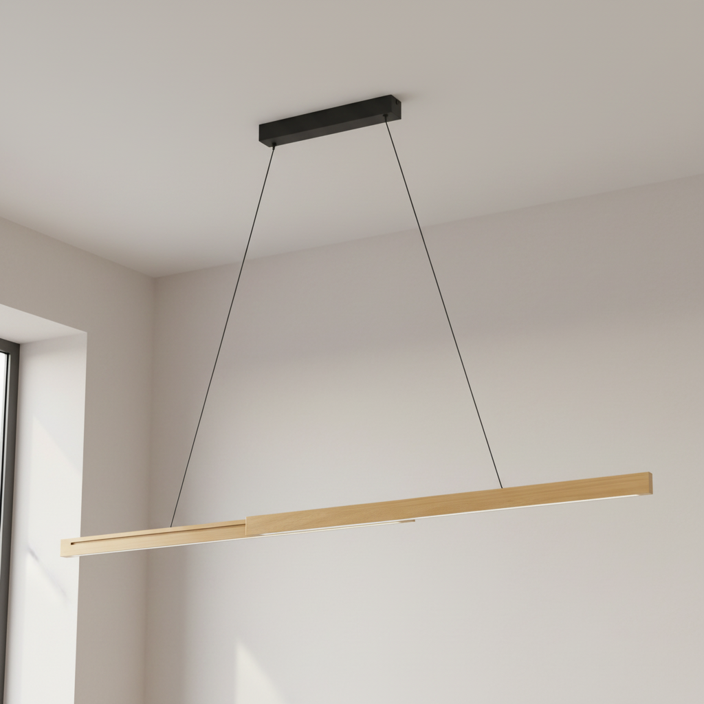 Linear wooden pendant light with black ceiling mount