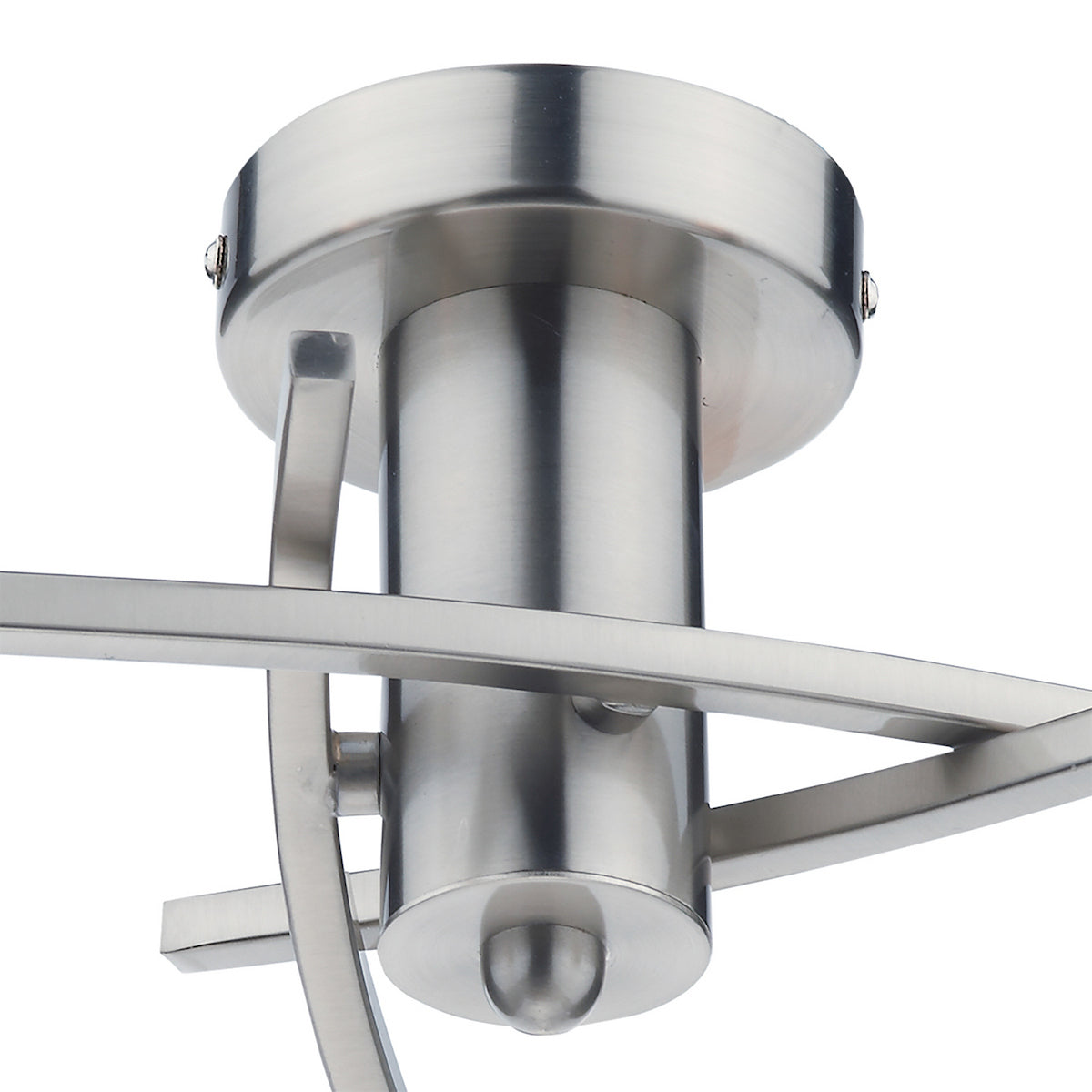 Close-up of a brushed nickel ceiling light fixture with curved arms.