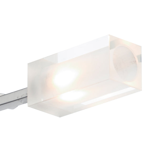 Close-up of a rectangular, frosted glass light fixture with two bright bulbs inside, attached to a metal rail.