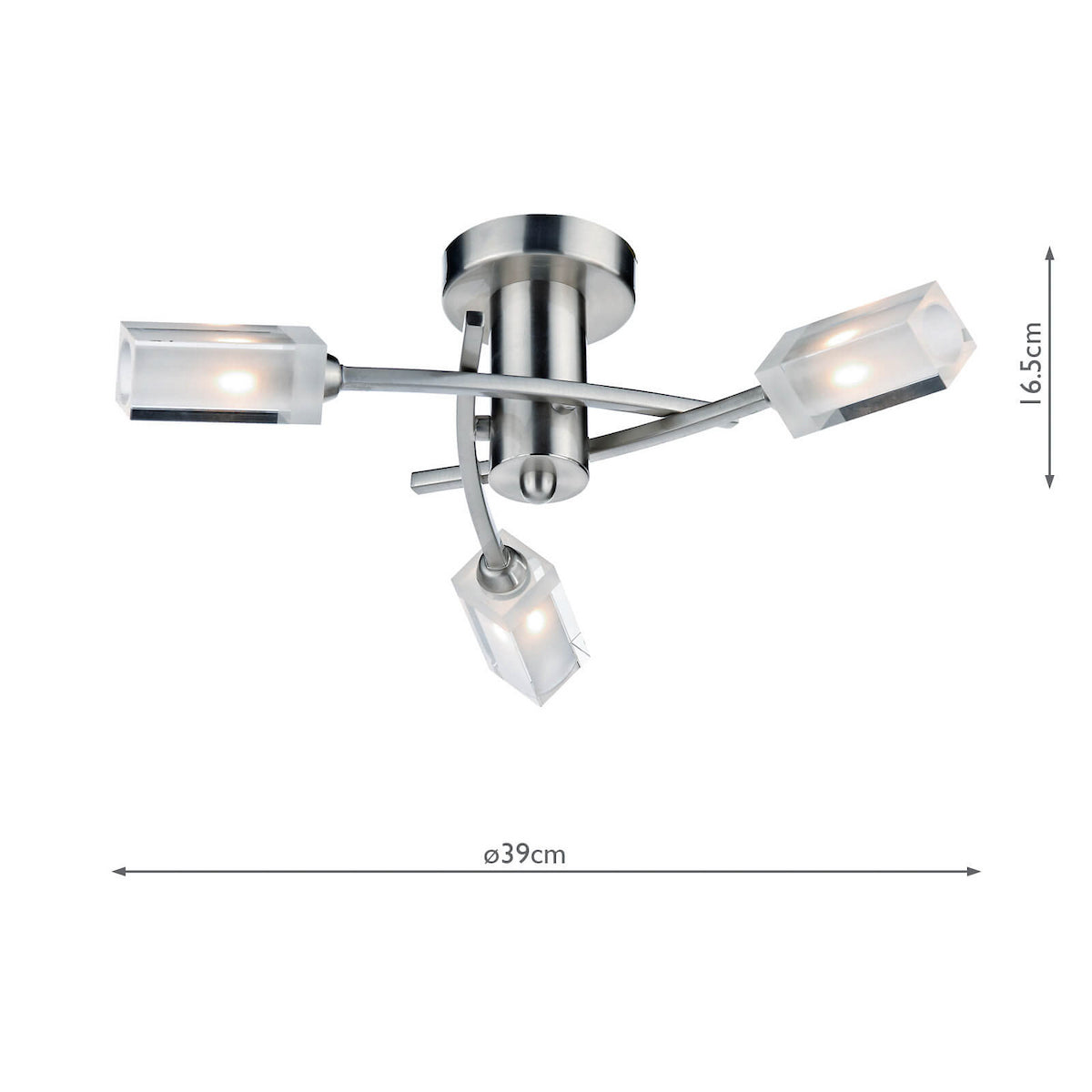 Brushed steel ceiling light with three frosted glass shades, showing dimensions of 16.5cm height and 39cm width.