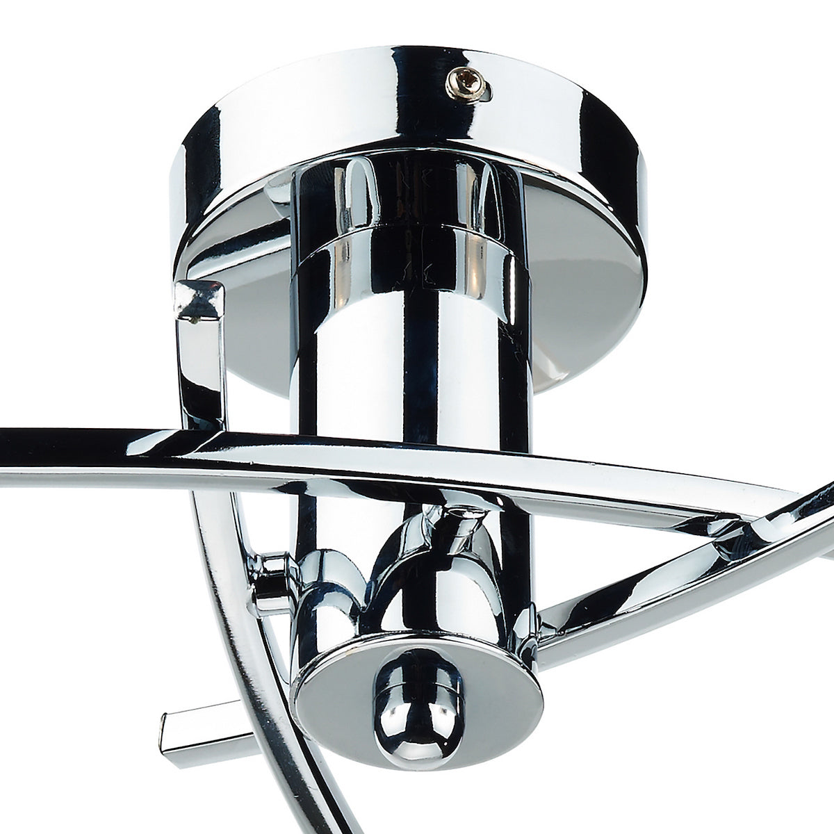 Close-up of a chrome ceiling light fixture with multiple curved arms and small, round light sources.
