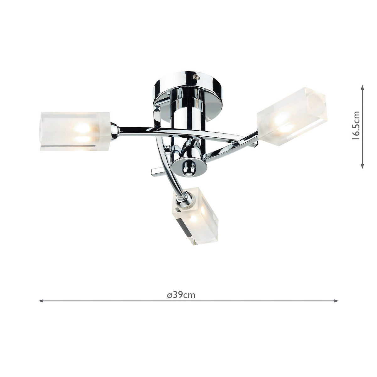 Chrome ceiling light with three frosted glass shades, dimensions 39cm wide by 16.5cm high.