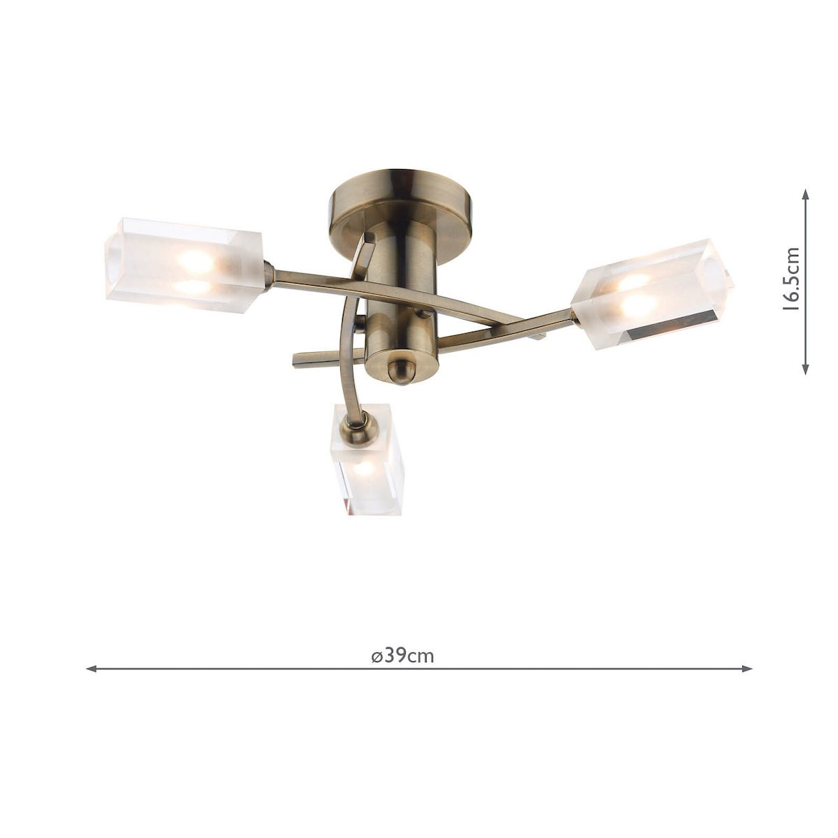 Bronze ceiling light with three rectangular frosted glass shades, dimensions 39cm diameter, 16.5cm height.