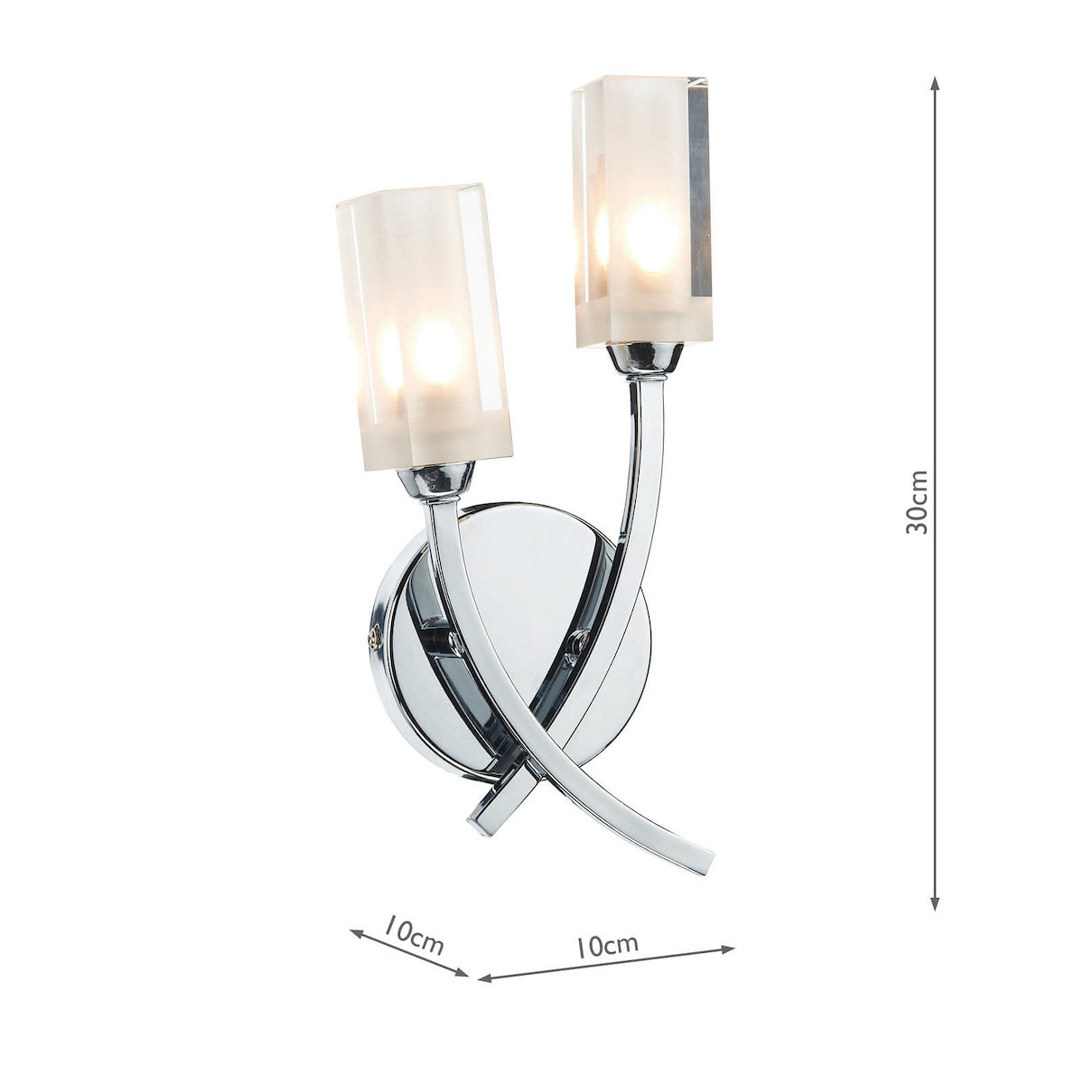 Chrome wall light with two frosted glass shades, illuminated, and dimensions.