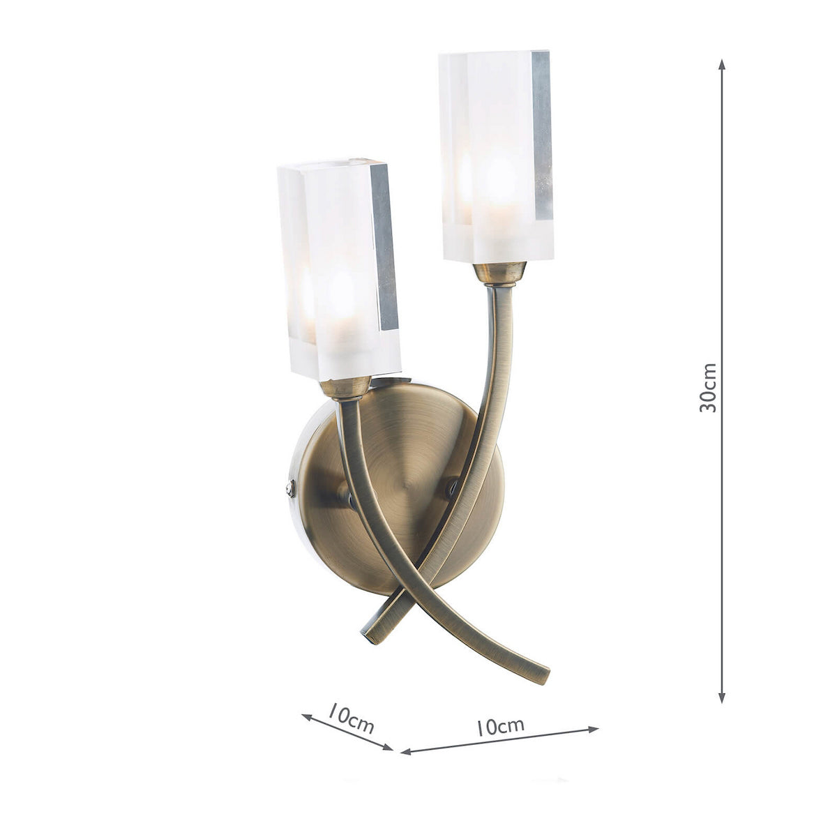 Bronze wall light with two curved arms holding rectangular frosted glass shades. It measures 30cm high and 10cm wide.