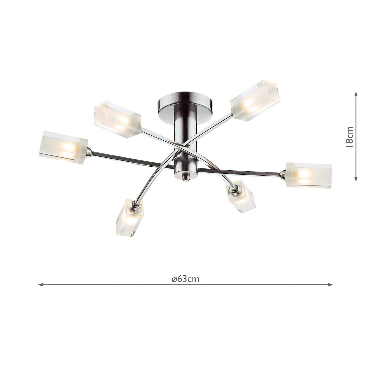 Modern ceiling light with six frosted glass shades and chrome finish, showing dimensions.