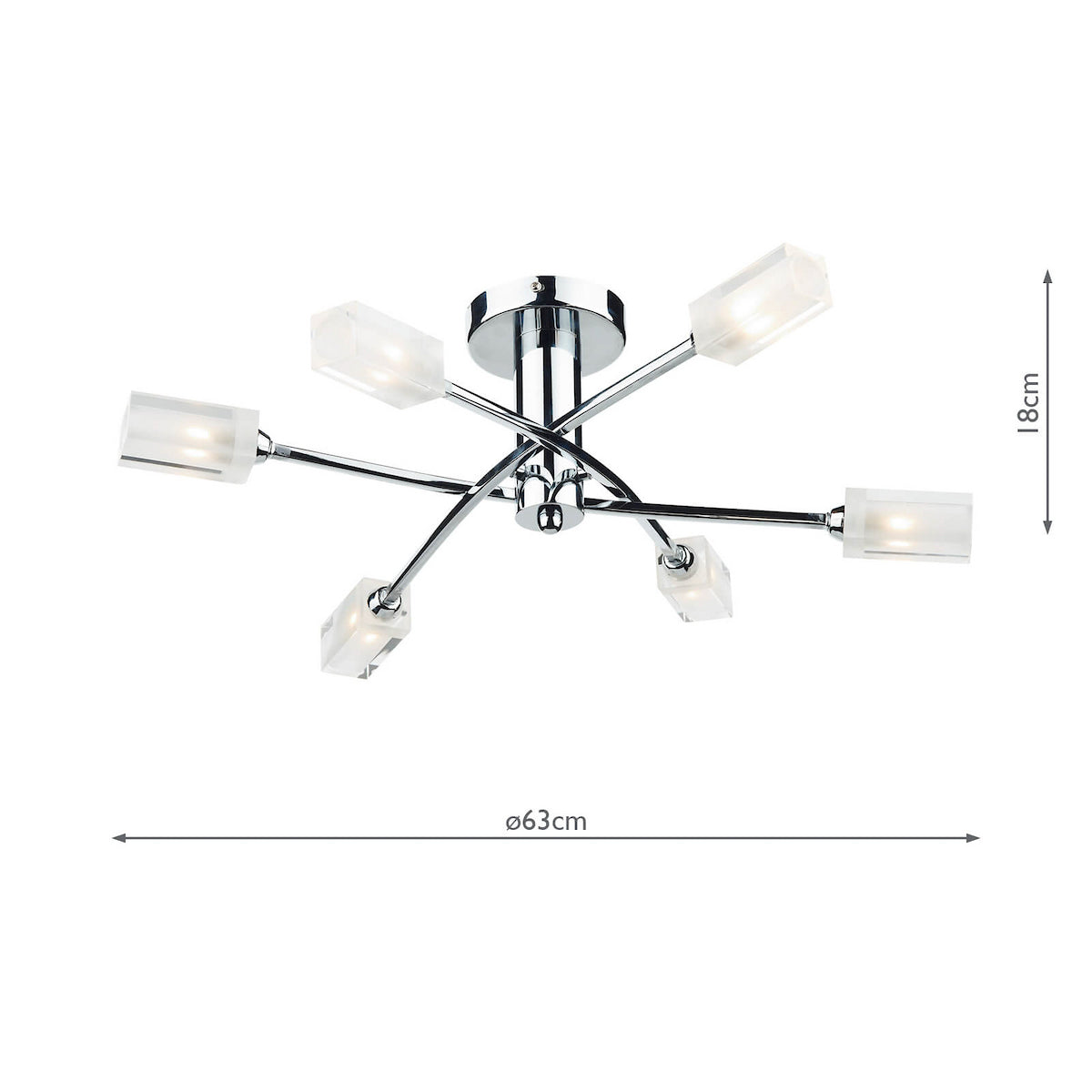 Chrome ceiling light with six frosted glass shades, showing dimensions of 18cm height and 63cm diameter.