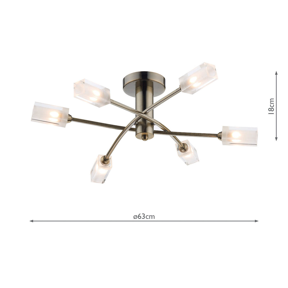 Antique brass ceiling light with six arms, each holding a rectangular frosted glass shade, illuminated.